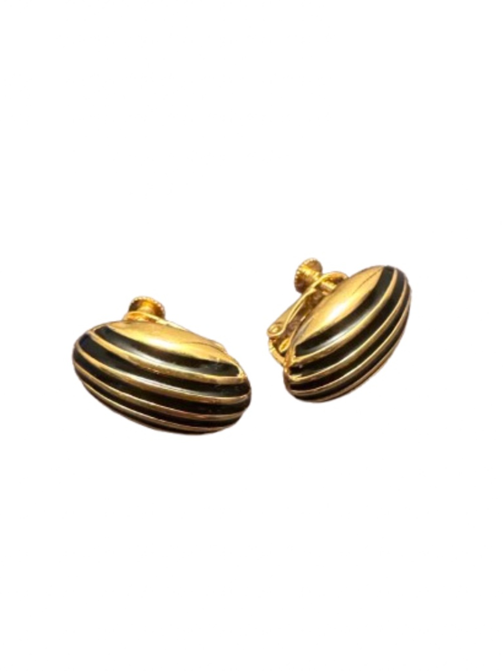 Vintage Napier 1980s Black Enamel Gold Tone Ribbed Half Hoop Clip On Earrings